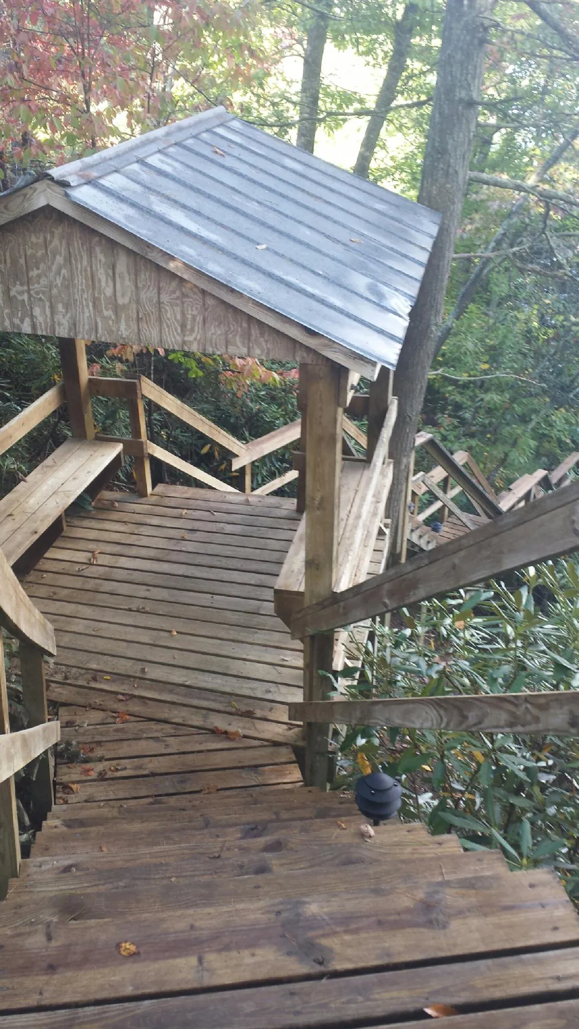 Metal roofed shelter over wooden steps on a wooded walkway — Skylight Repair & Installation work by our crew in Pleasant Hall