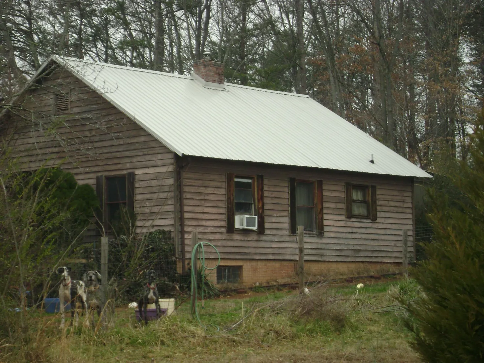 White metal roof on an old wood sided farmhouse, from a Metal Roof Installation job in Pleasant Hall